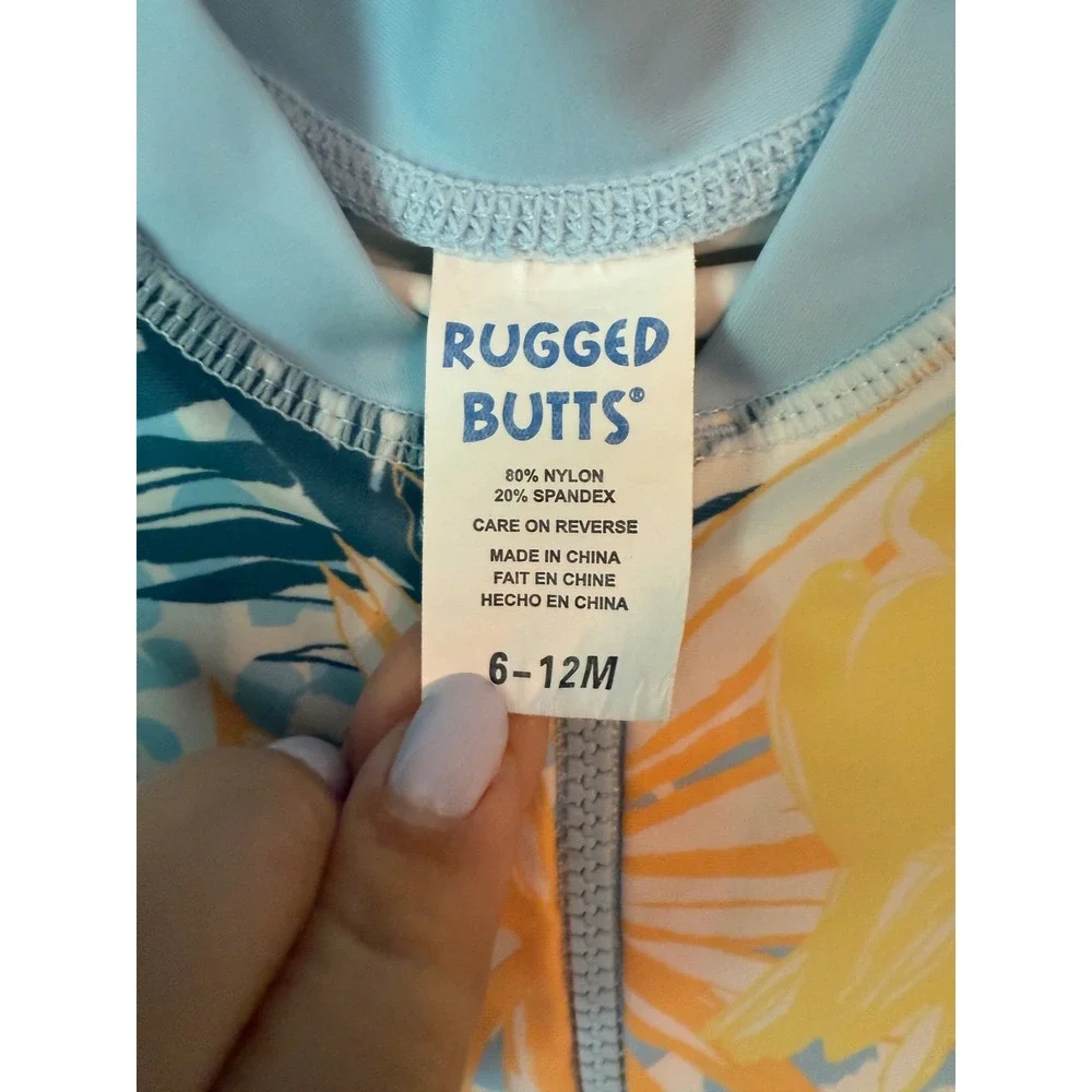 RuggedButts Boys‎ Tropical Flamingo One Piece Rash Guard Swimsuit Blue 6-12M